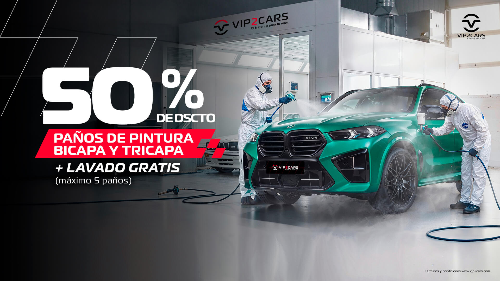 50% de dscto paños de pintura bicapa y tricapa + lavado gratis (máximo 5 paños)